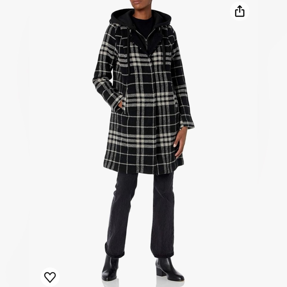 RACHEL Rachel Roy Black and White Plaid Hooded Wool-Blend Coat